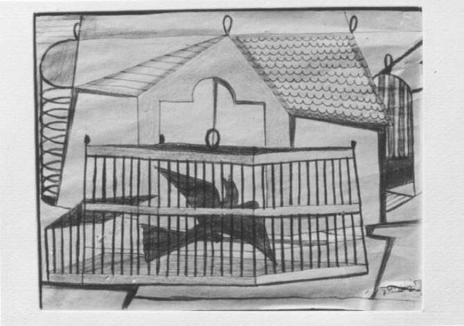 Uccellino in gabbia (disegno) - ambito italiano (sec. XX)