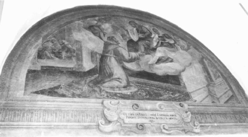 storiedella vita di San Francesco d'Assisi: il santo in preghiera dinanzi a Cristo e alla Madonna in gloria (dipinto) di Torri Pietro Antonio (sec. XVII)