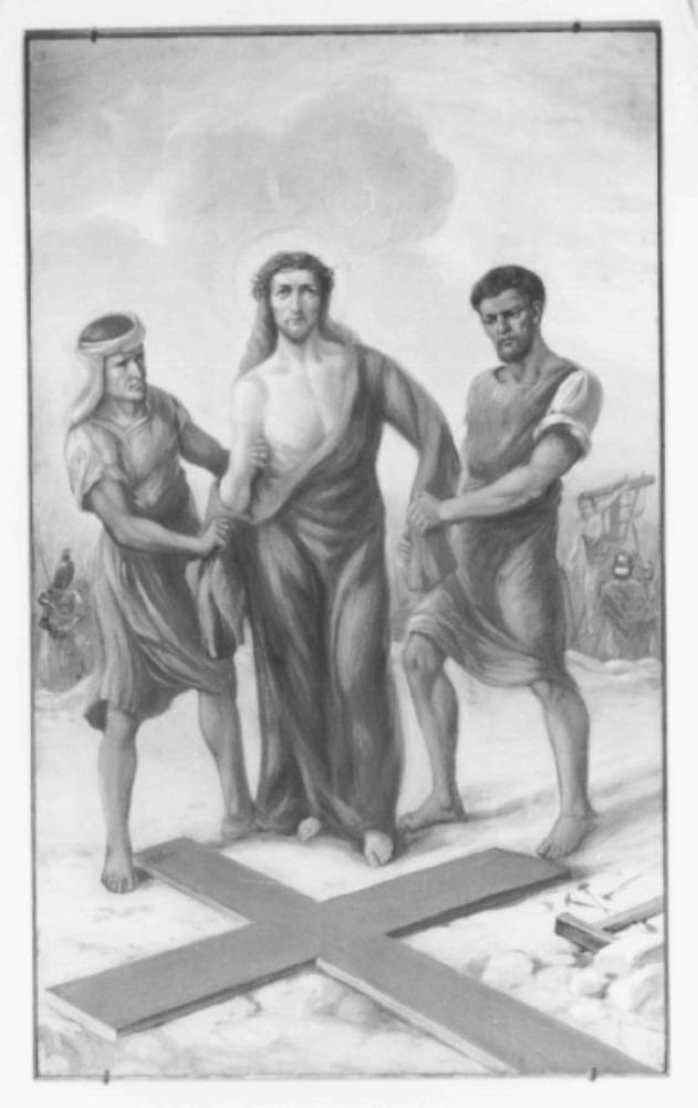 stazione X: Gesù spogliato e abbeverato di fiele (dipinto) di Travaglia Silvio, Soranzo Antonio (sec. XX)
