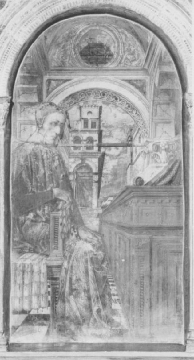 ritratto di uomo nello studio/ veduta prospettica (dipinto) - ambito padovano (sec. XV)