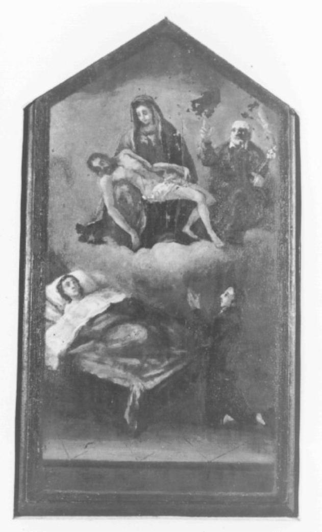 devoto prega la Madonna Addolorata e Sant'Antonio da Padova davanti al letto di una ammalata (ex voto) - ambito veneto (prima metà sec. XIX)