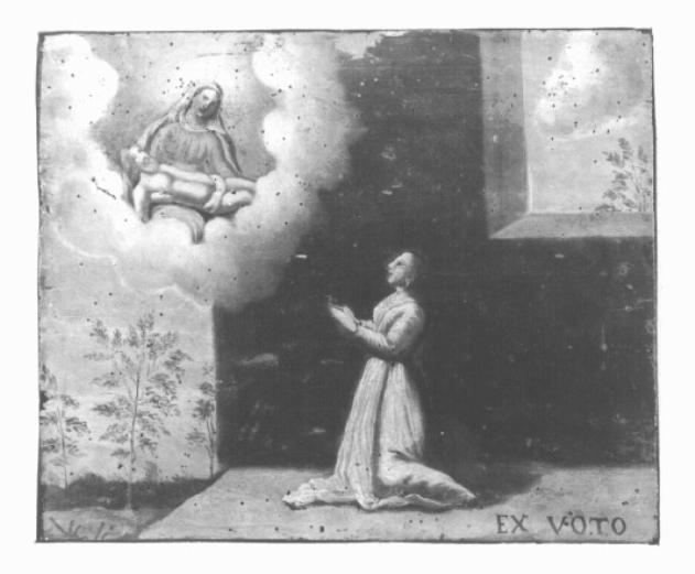devota inginocchiata prega la Madonna Addolorata per l'ottenimento di una grazia (ex voto) - ambito veneto (sec. XIX)