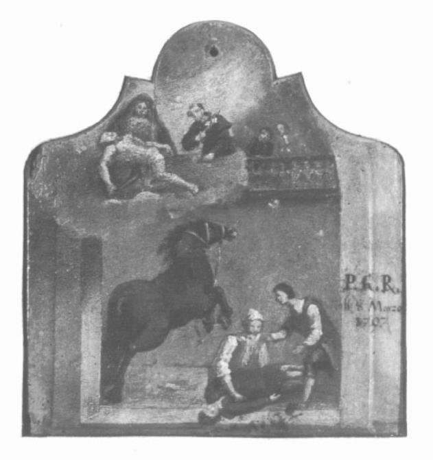 cavaliere disarcionato cui appare la Madonna col Cristo morto e Sant' Antonio da Padova tra astanti (dipinto) - ambito veneto (sec. XVIII)