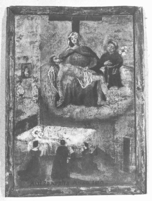 ammalato a letto prega la madonna Addolorata e Sant'Antonio da Padova per la guarigione (ex voto) - ambito veneto (sec. XIX)