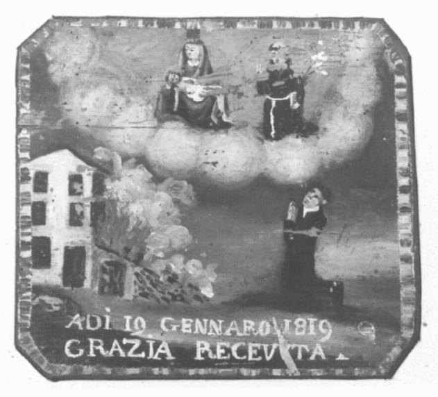 devoto prega la Madonna Addolorata e Sant'Antonio da Padova per la casa in fiamme (ex voto) - ambito veneto (sec. XIX)