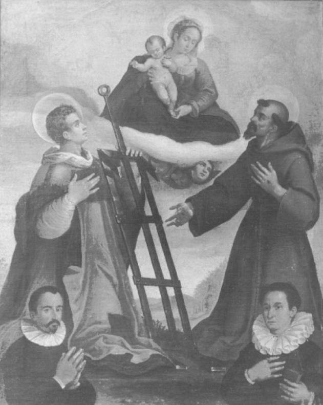 Madonna con Bambino in gloria tra San Lorenzo, San Francesco d'Assisi e Donatori (dipinto) di Frigimelica Francesco - ambito veneto (sec. XVII)