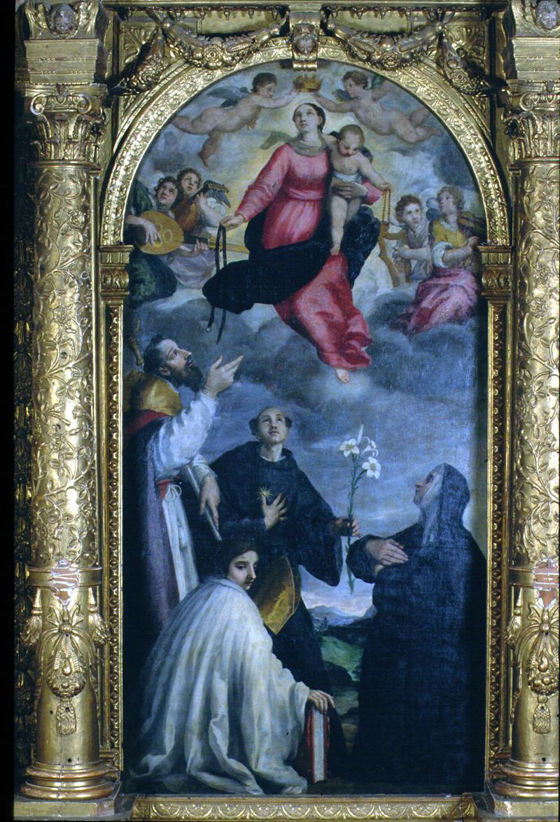Madonna con Bambino in gloria tra San Valentino, Sant'Antonio da Padova e Santa Chiara (dipinto) di Polacco Martino Teofilo - ambito veneto (prima metà sec. XVII)