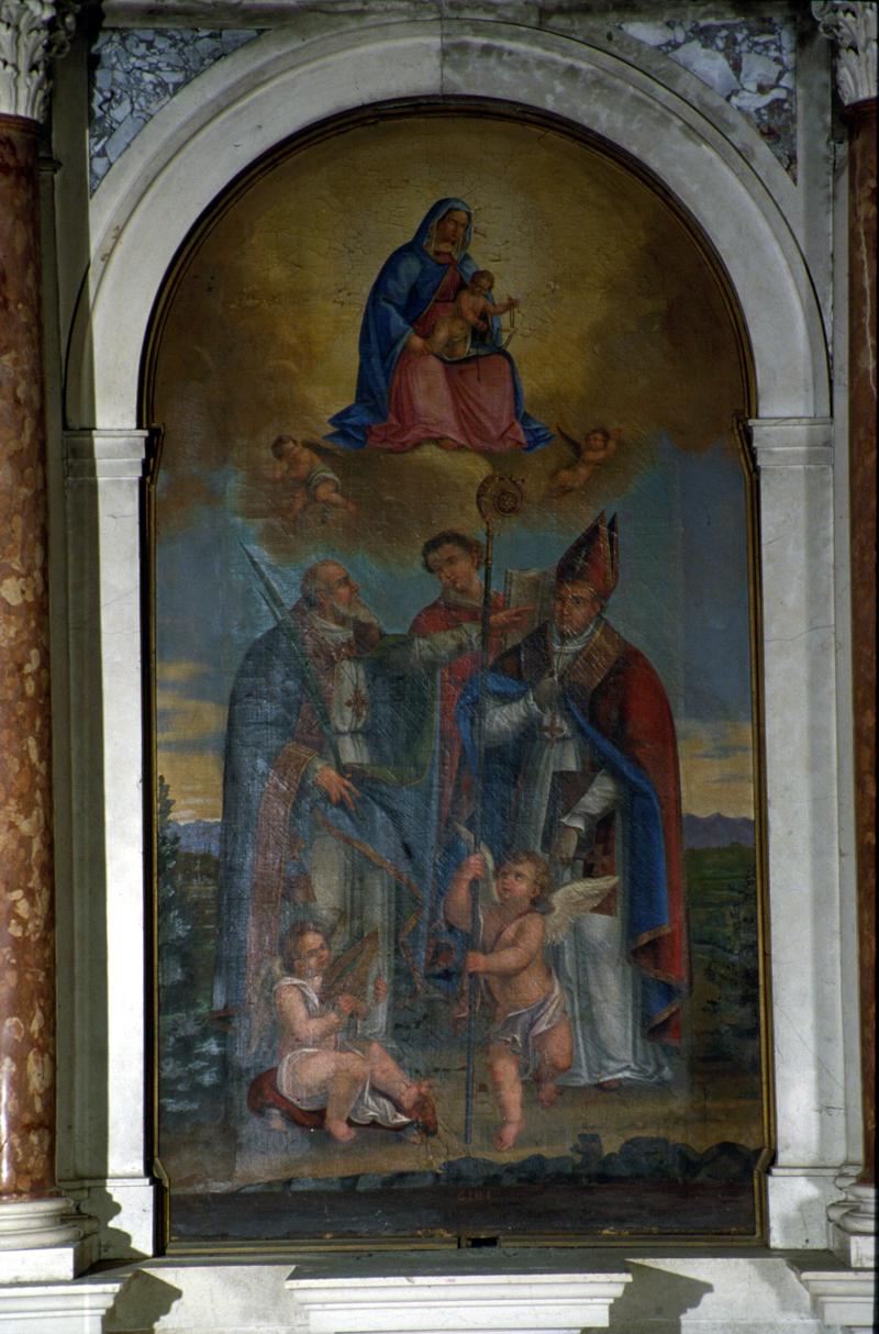 Madonna del Carmine tra San Gottardo, altro santo vescovo e San Valentino prete (dipinto) - manifattura veneta (sec. XX)