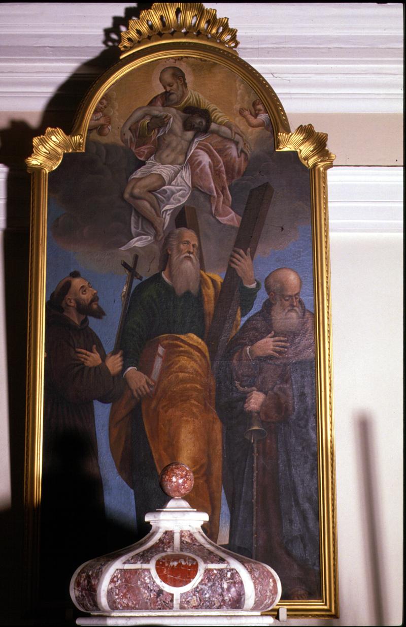 Cristo Morto tra le braccia di Dio Padre con Sant'Andrea, Sant'Antonio Abate e San Francesco d'Assisi (dipinto) - manifattura veneta (prima metà sec. XVII)