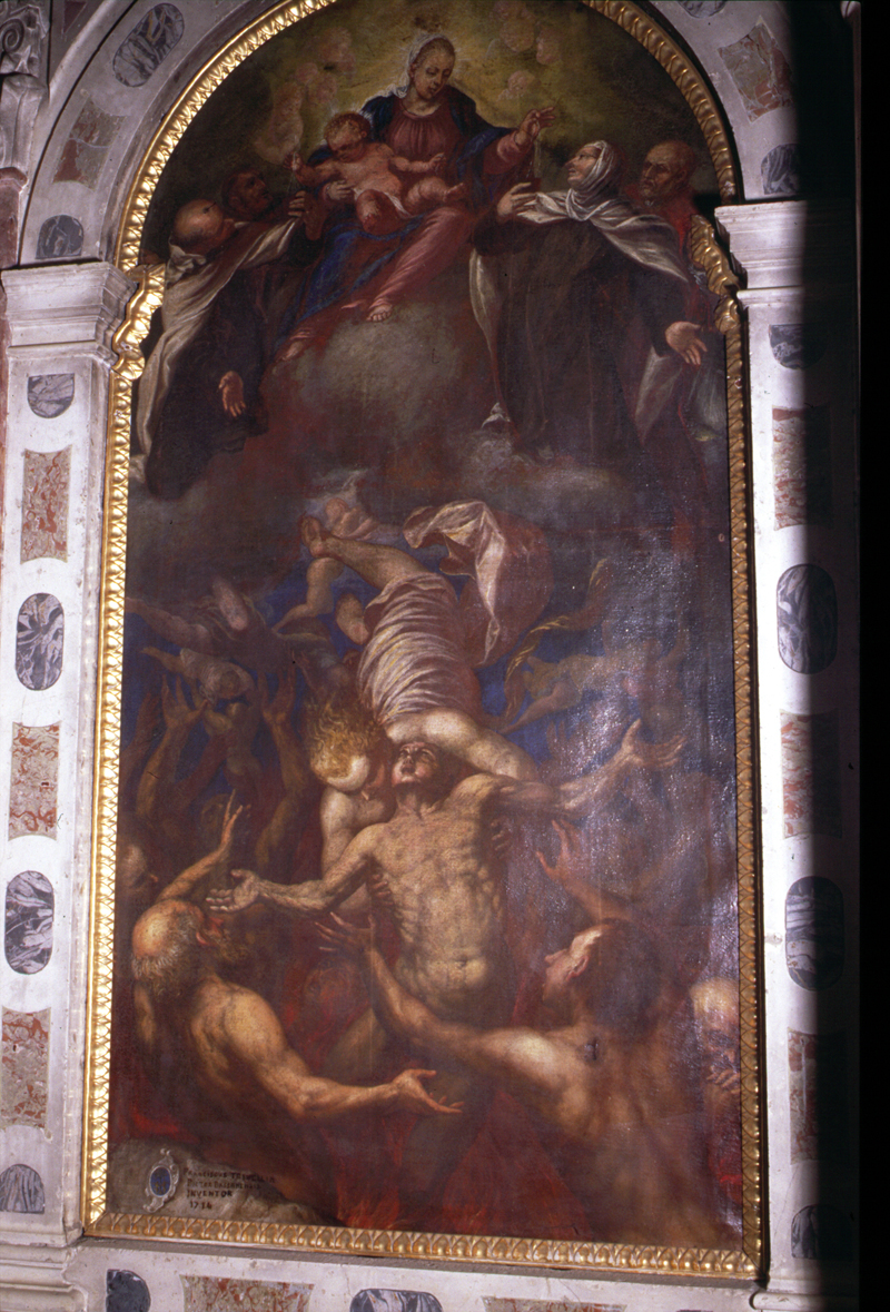 San Michele arcangelo libera un'anima dall'inferno per intercessione della Madonna (dipinto) di Trivellini Francesco (attribuito) - ambito veneto (sec. XVIII)