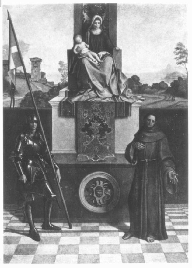Madonna in trono con Bambino fra i santi Liberale e Francesco (dipinto) di Damina Giorgio (sec. XVI)