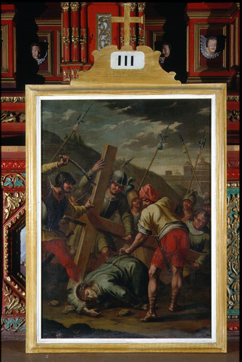 stazione III: Gesù cade sotto la croce la prima volta (dipinto, elemento d'insieme) - manifattura veneta (sec. XVIII)