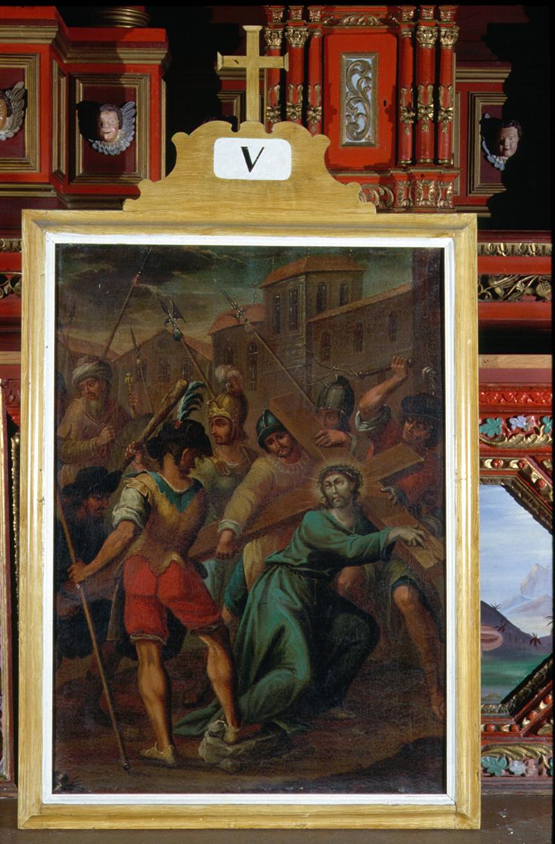 stazione V: Gesù aiutato dal Cireneo a portare la croce (dipinto, elemento d'insieme) - manifattura veneta (sec. XVIII)