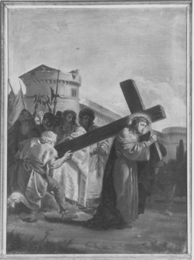 stazione V: Gesù aiutato dal Cireneo a portare la croce (dipinto) di Stecherle (sec. XX)