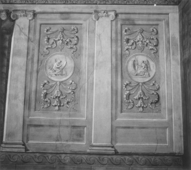 motivi decorativi con medaglioni e figura femmi- nile allegorica della Fam a (dipinto) di Bevilacqua Giovanni Carlo (sec. XIX)