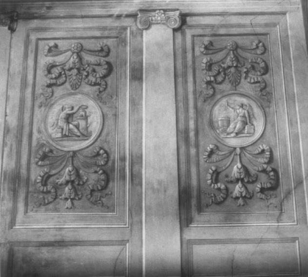 motivo decorativo con medaglioni e figura femmi- nile allegorica della Fam a (dipinto) di Bevilacqua Giovanni Carlo (sec. XIX)