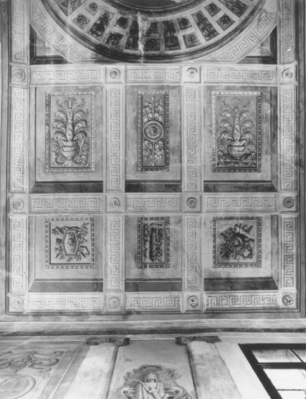 motivo decorativo a cassettoni con candelabre e scudi (dipinto) di Borsato Giuseppe (sec. XIX)