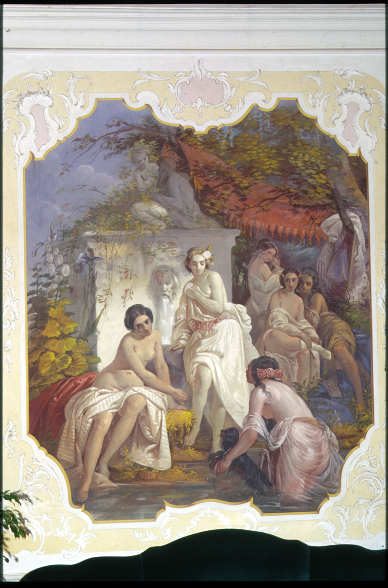 Bagnanti presso una fonte nel parco (dipinto) di Larese Moretti Lorenzo - ambito veneto (sec. XIX)