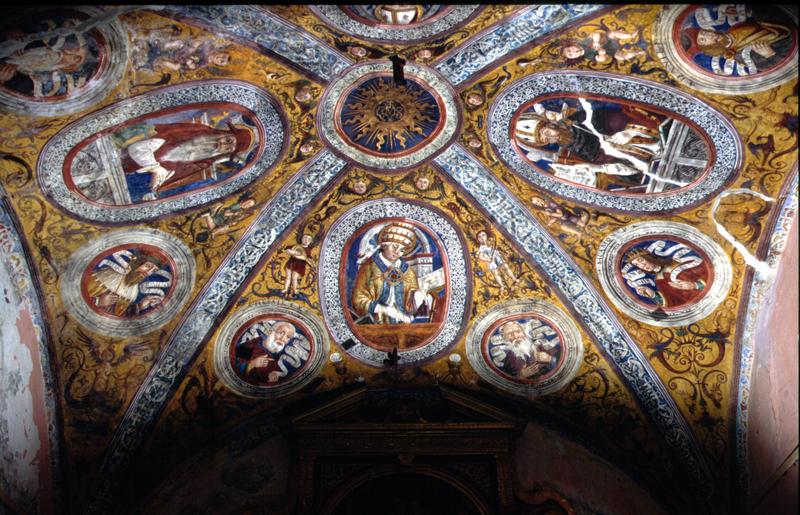 Padri della Chiesa, personaggi dell'antichità, angeli e grottesche (dipinto) di Nasocchio Andrea - ambito veneto (sec. XVI)