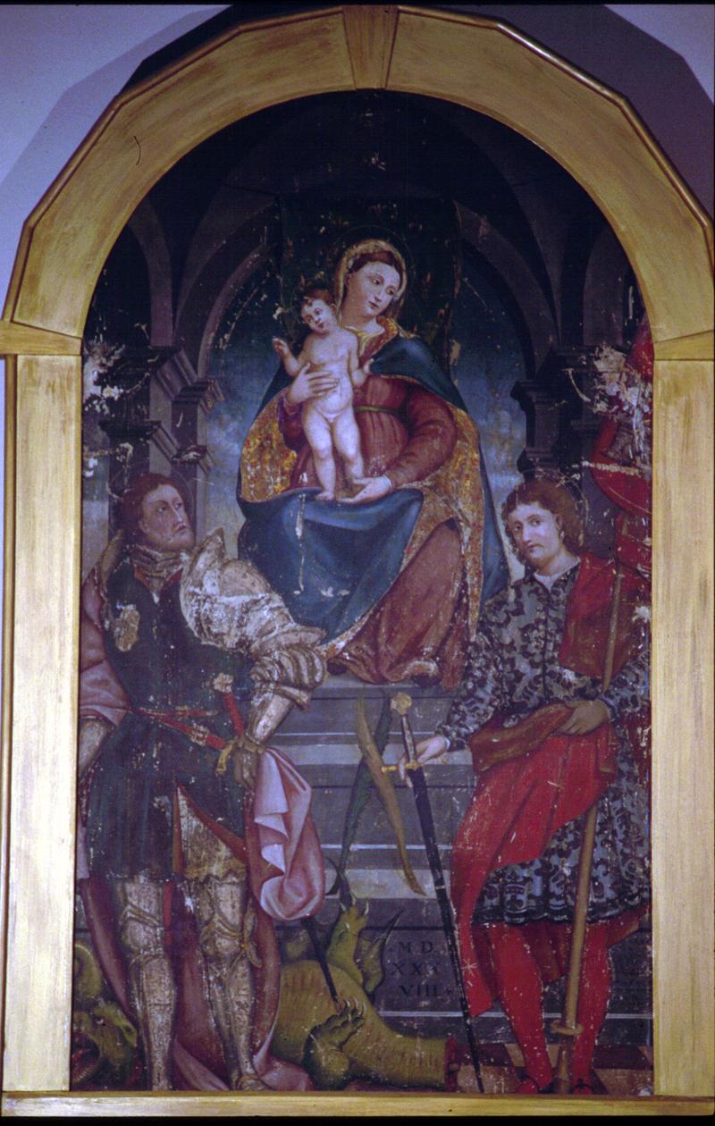 Madonna con Bambino in trono, San Giorgio e San Vittore (dipinto) di Marco Da Mel - ambito veneto (sec. XVI)