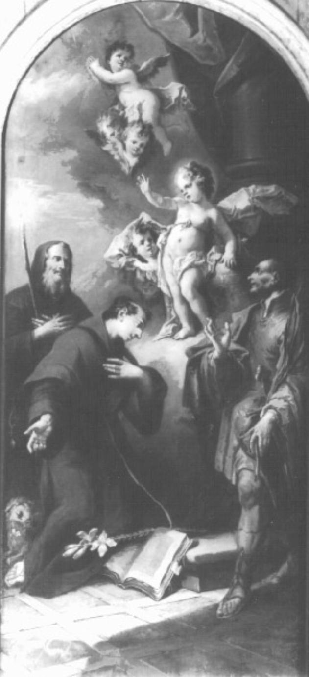 apparizione del Bambin Gesu' a Sant'Antonio di Padova, San Francesco di Paola e Sant'Ambrogio (dipinto) di Diziani Gaspare (sec. XVIII)