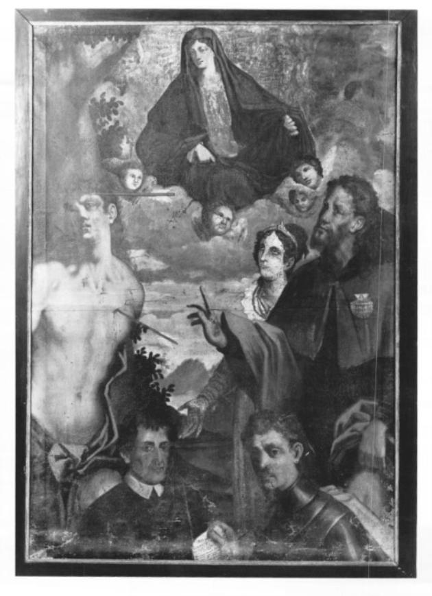 Madonna con Santi Rocco, Sebastiano e committenti (dipinto) - ambito veneto (prima metà sec. XVII, sec. XIX)