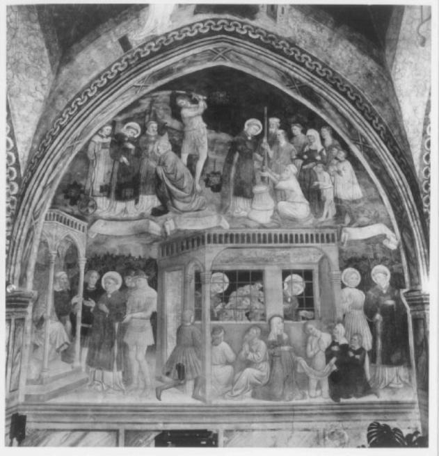 Lorenzo assiste Papa Sisto II che sta per essere decapitato (dipinto) di Maestro Del Martirio Di San Lorenzo (sec. XV)