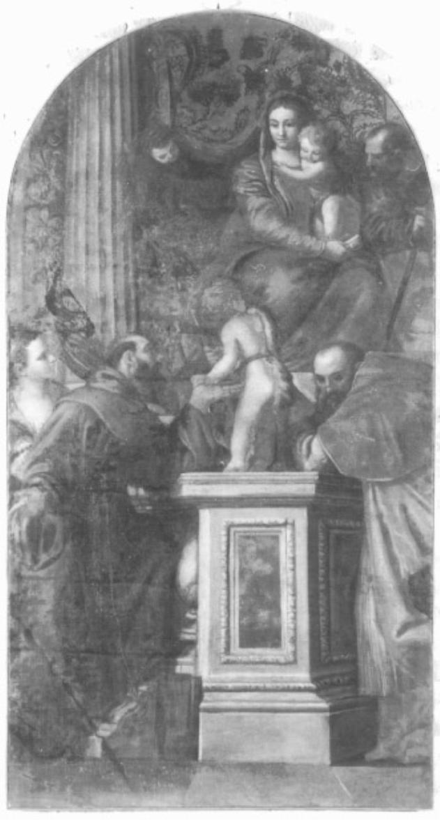 Madonna con Bambino in trono tra San Francesco d'Assisi Sant'Antonio Abate e San Giovannino (dipinto) di Vecellio Tiziano (cerchia) (primo quarto sec. XVI)