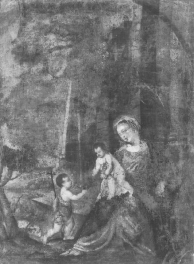 Madonna con Bambino e San Giovannino (dipinto) di Vecellio Tiziano (cerchia) (sec. XVI)