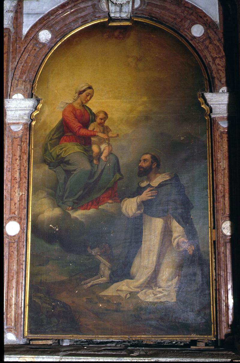 Madonna del Rosario tra San Domenico e devoti (dipinto) di Cantoni Augusto - ambito veneto (sec. XIX)