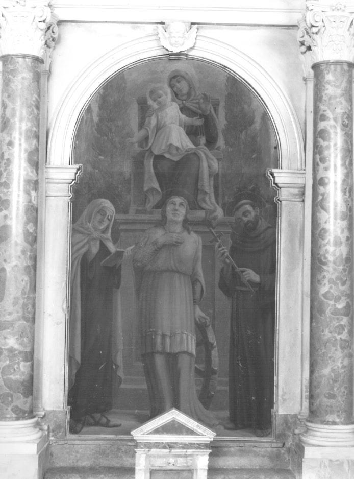 Madonna con Bambino in trono tra Santa Chiara, Santa Caterina D' Alessandria e San Francesco d' Assisi (dipinto) - ambito veneto (sec. XIX)