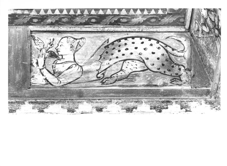 figura fantastica con animale fantastico (dipinto) - ambito veneto (sec. XV)