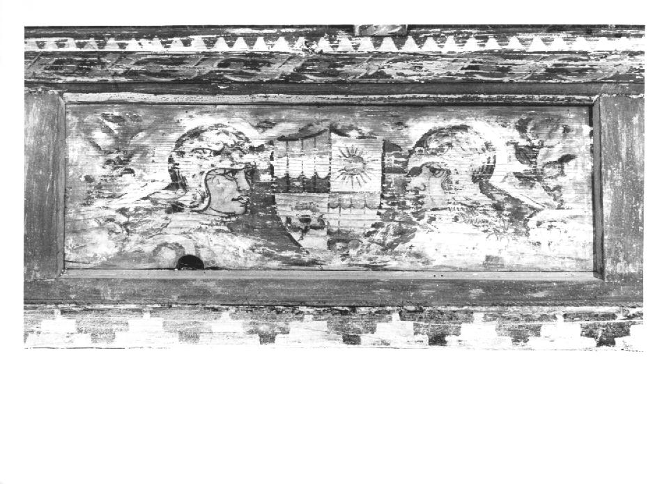 teste di soldati con stemma/ motivi decorativi floreali (dipinto) - ambito veneto (sec. XV)