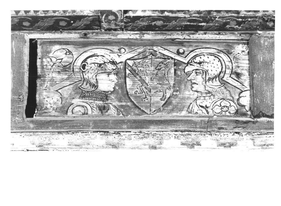 teste di soldati con stemma/ motivi decorativi floreali (dipinto) - ambito veneto (sec. XV)