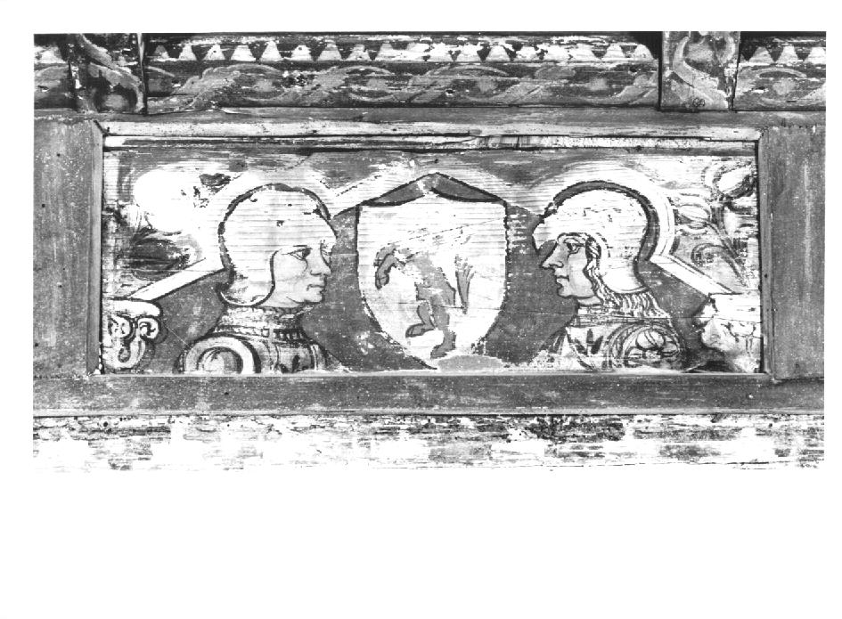 teste di soldato con stemma/ motivi decorativi floreali (dipinto) - ambito veneto (sec. XV)
