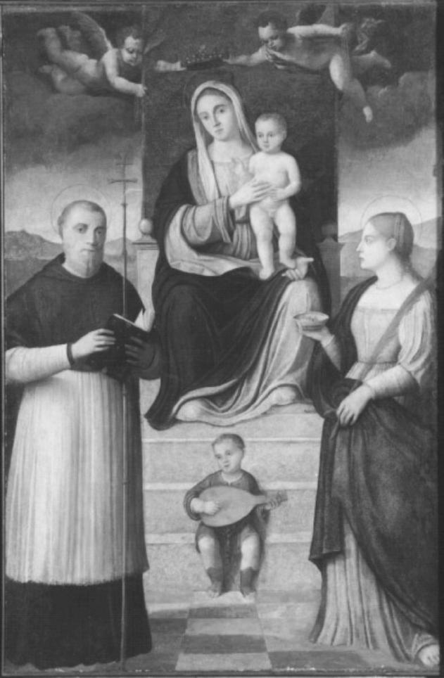 Madonna con Bambino in trono fra i San Giovanni Cri- sostomo e Santa Lucia (dipinto) di Bissolo Francesco (prima metà sec. XVI)