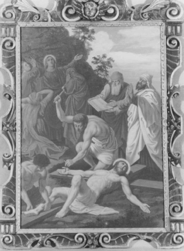 Gesu' e' inchiodato in croce (dipinto) di Reinhard Heinrich - ambito veneziano (sec. XIX)