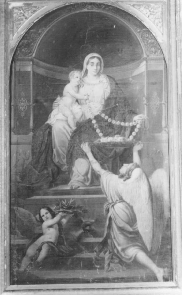 Madonna in trono con bambino, tra offerenti, stringe la corona del Rosario fra le mani (dipinto) di Miglioranza Stefano - bottega veneta (sec. XIX)