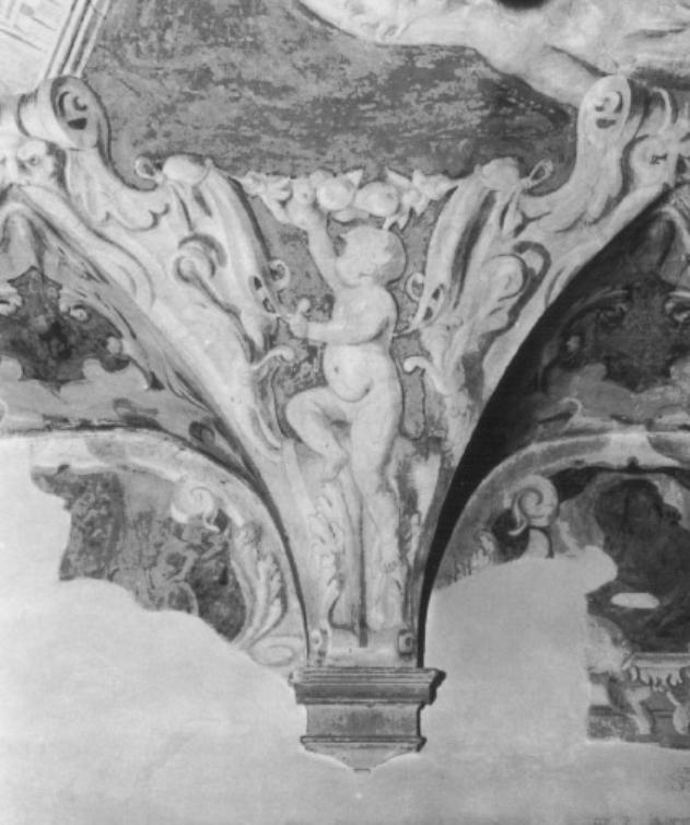 motivi decorativi a finti stucchi/ putto/ festone con frutta/ mascherone (dipinto) - ambito veneto (sec. XVII)
