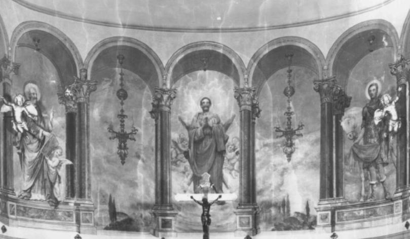 I santi Andrea, Martino e Matteo entro cornici archi- tettoniche (dipinto) di Cherubini Giuseppe (sec. XX)