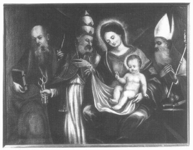 Madonna con Bambino tra i santi Bartolomeo, Pietro, e Nicola (dipinto) di Menarola Cristoforo (maniera) (fine/inizio secc. XVII/ XVIII)