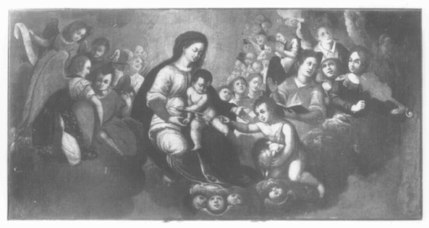 Madonna con Bambino e San Giovannino tra angeli in gloria (dipinto) di Menarola Cristoforo (maniera) (fine/inizio secc. XVII/ XVIII)