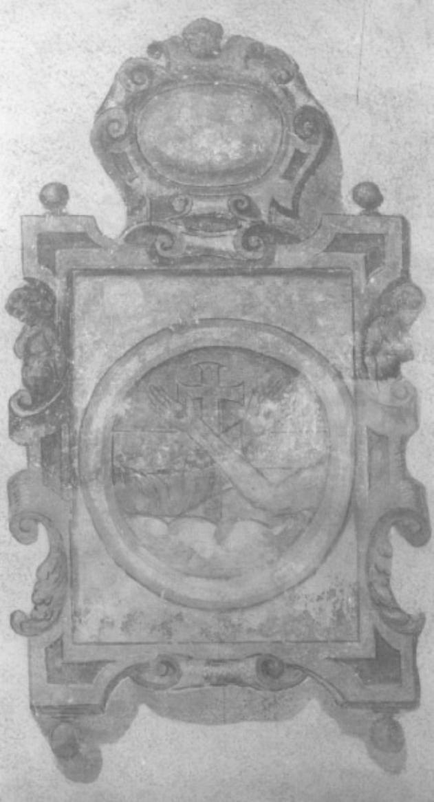 emblema dell'ordine francescano/ motivi decora- tivi a volute a molla/ cariatidi femminili (dipinto) - ambito veneto (sec. XVII)