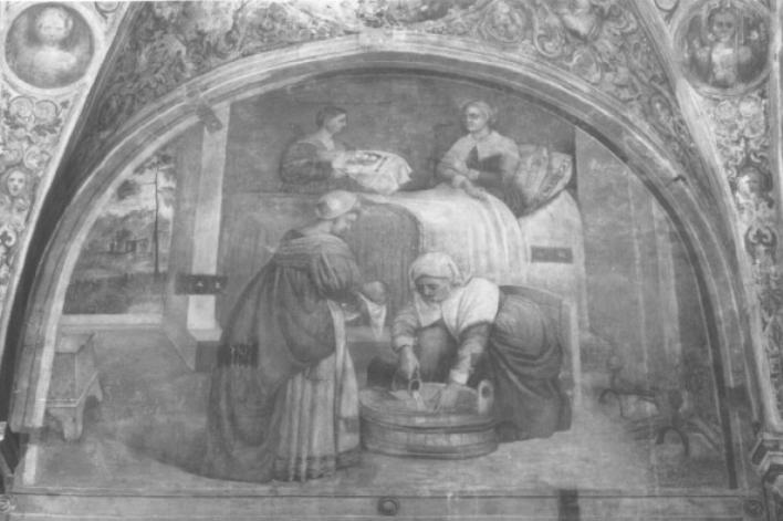 natività di Maria Vergine (dipinto) di Tessari Girolamo detto Girolamo Dal Santo (sec. XVI)