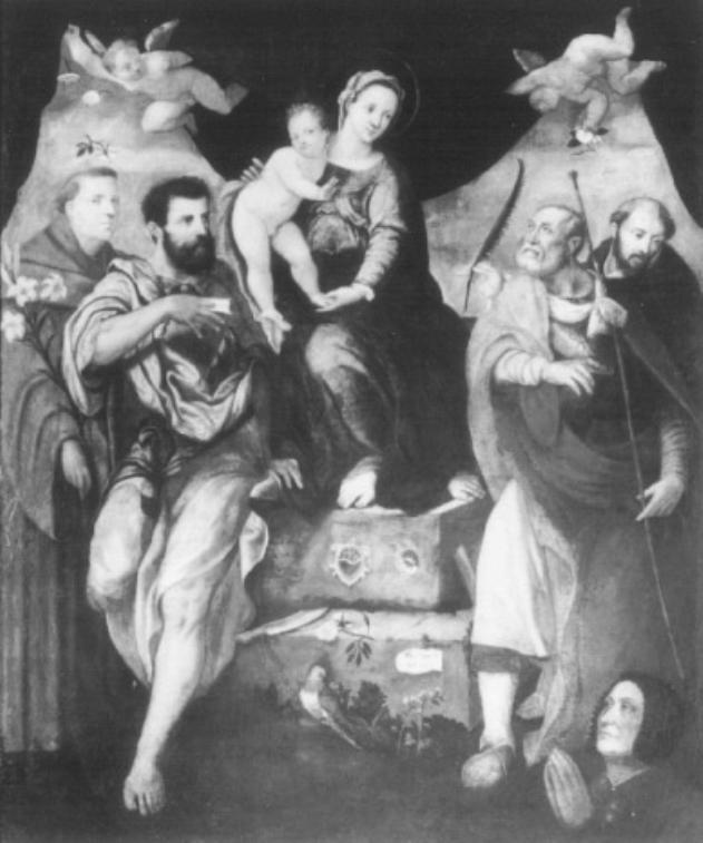 Madonna con Bambino tra Sant'Antonio, San Bartolo- meo, San Giuseppe e santo domenicano/ Ritratto di Antonia Urbino donatrice (dipinto) di Pino Paolo (sec. XVI)
