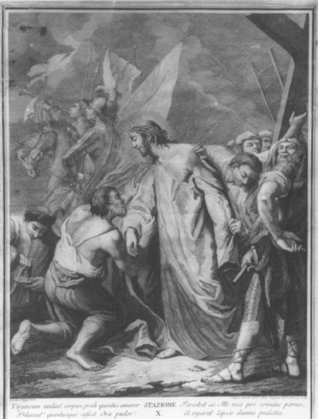 stazione X: Gesù spogliato e abbeverato di fiele (dipinto) di Angeli Giuseppe, De Colle Pellegrino (sec. XVIII)