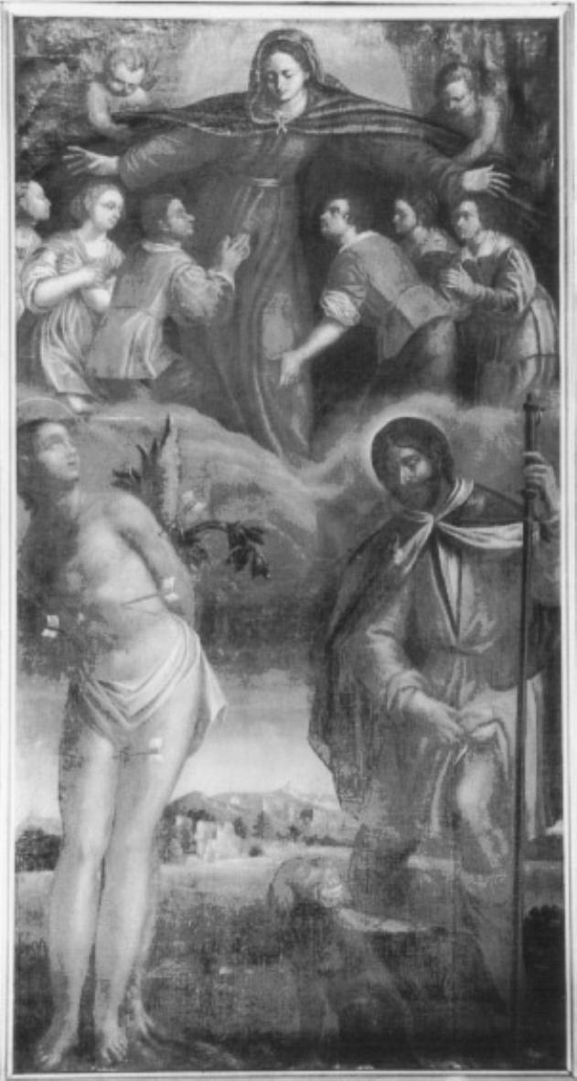 Madonna della Misericordia con i santi Sebastiano e Rocco (dipinto) di Damini Pietro (maniera) (sec. XVII)