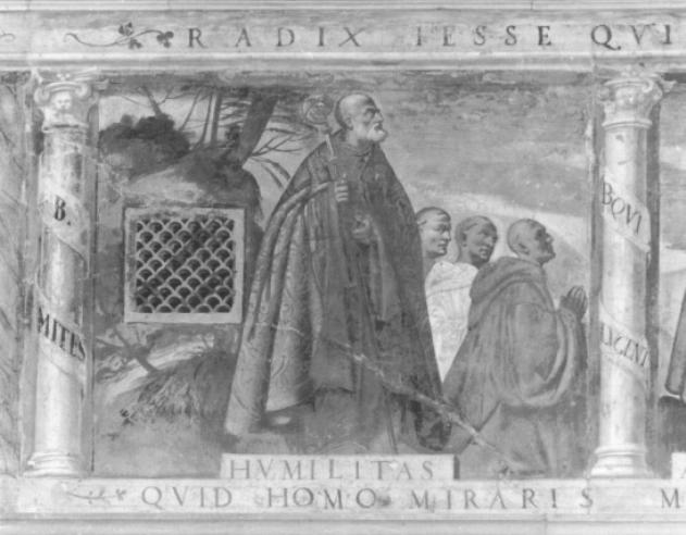 santo Vescovo e monaci in adorazione della croce (dipinto) di Campagnola Domenico (bottega) - ambito padovano (sec. XVI)