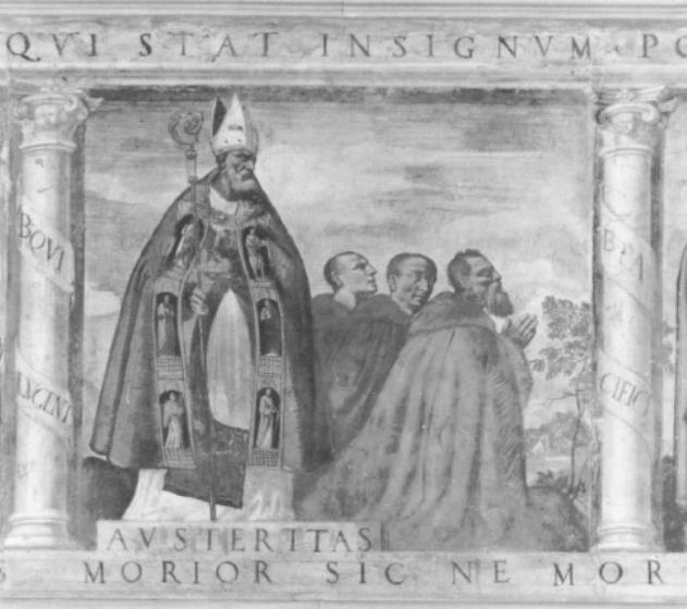 santo Vescovo e monaci in adorazione della croce (dipinto) di Campagnola Domenico (bottega) - ambito padovano (sec. XVI)