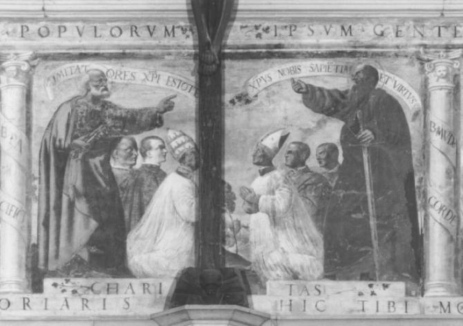 San Pietro, San Paolo e prelati in adorazione della croce (dipinto) di Campagnola Domenico (bottega) - ambito padovano (sec. XVI)